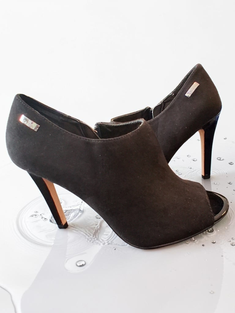 Calvin Klein Black Suede Peep-Toe Booties Womens Shoe Size 5.5 Classy Versitile